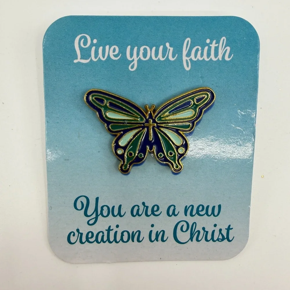 Oriental Trading Christian Butterfly Cross Enamel Lapel Pin Blue Faith Gift